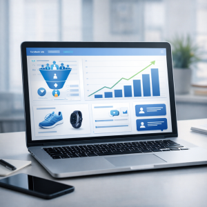 Digital marketing workspace with laptop and ads dashboard